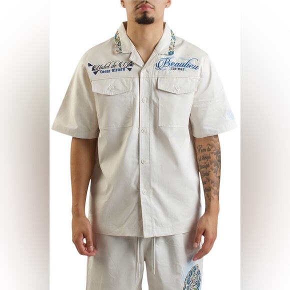 🌴 The Grindhouse‎ Denim Co. Beaulieu Sur-Mer Embroidered Shirt 2XL XXL Men’s - Picture 2 of 16